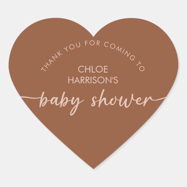 Boho Brown Terracotta Beige Script Baby Dusche Herz-Aufkleber (Vorderseite)
