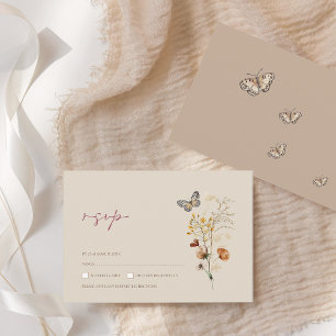 Boho Brown Wildblumen und Schmetterlinge Hochzeite RSVP Karte