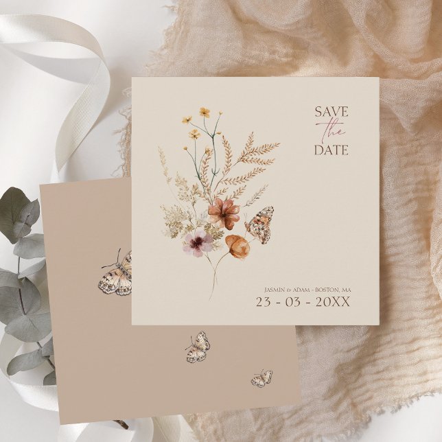 Boho Brown Wildblumen und Schmetterlinge Hochzeite Save The Date (Boho Brown Wildflowers and Butterflies Wedding Save The Date)
