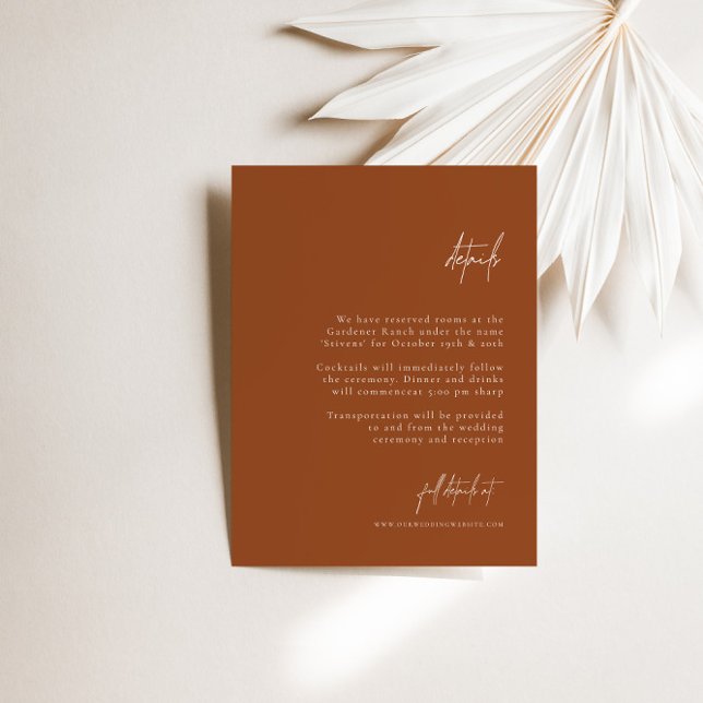 Boho Brunt Orange Elegant Details zur Hochzeit Begleitkarte (Boho Brunt Orange Elegant Minimal Wedding Details Enclosure Card)