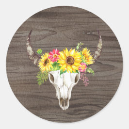 Boho Bull Skull Dark Wood Runder Aufkleber