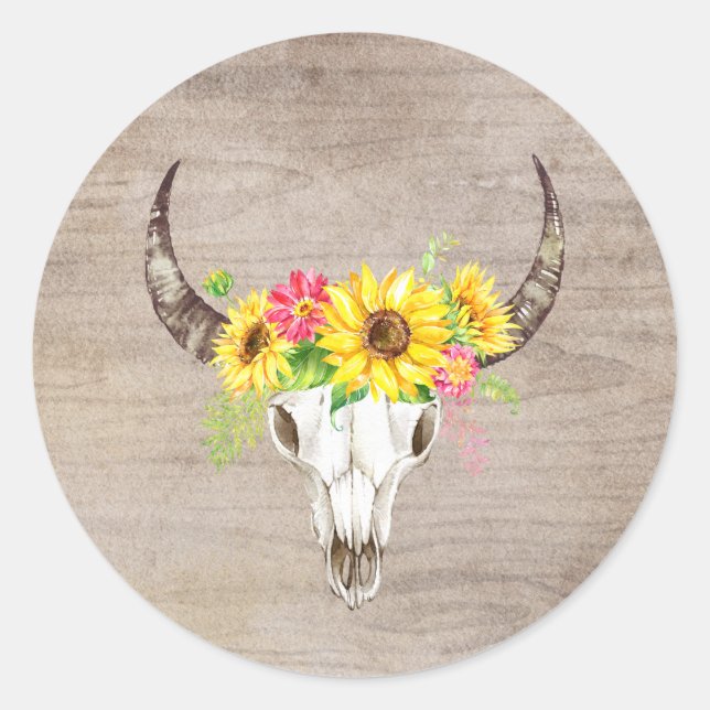 Boho Bull Skull Light Wood Runder Aufkleber (Vorderseite)