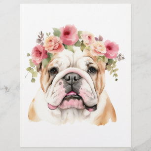 Boho Bulldog Blume Crown Watercolor Briefbogen
