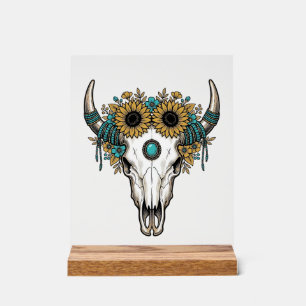 Boho Bullenschädel Sonnenblume Vintage Western Gra Acrylschild