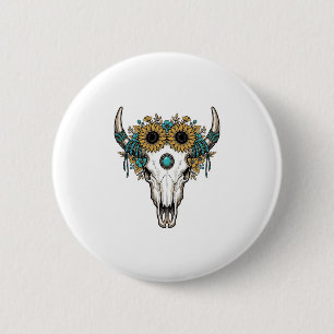 Boho Bullenschädel Sonnenblume Vintage Western Gra Button
