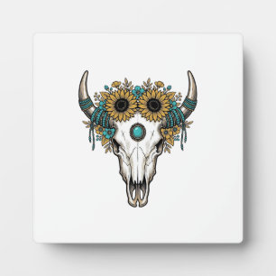 Boho Bullenschädel Sonnenblume Vintage Western Gra Fotoplatte