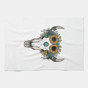 Boho Bullenschädel Sonnenblume Vintage Western Gra Geschirrtuch