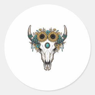 Boho Bullenschädel Sonnenblume Vintage Western Gra Runder Aufkleber