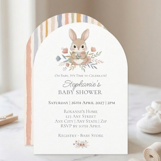Boho Bunny Watercolor Stripe Baby Shower Einladung (Boho bunny baby shower invitation)