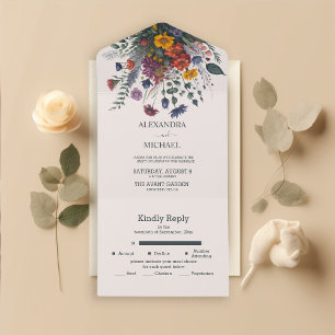 Boho Bunte Aquarell-Wildblumen-Hochzeit All In One Einladung