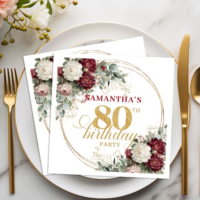 Boho Burgund Eukalyptus 80. Geburtstag Servietten (Boho Burgundy Eucalyptus 80th Birthday Napkins)
