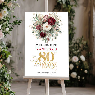 Boho Burgund Eukalyptus 80 Geburtstags Willkommens Poster