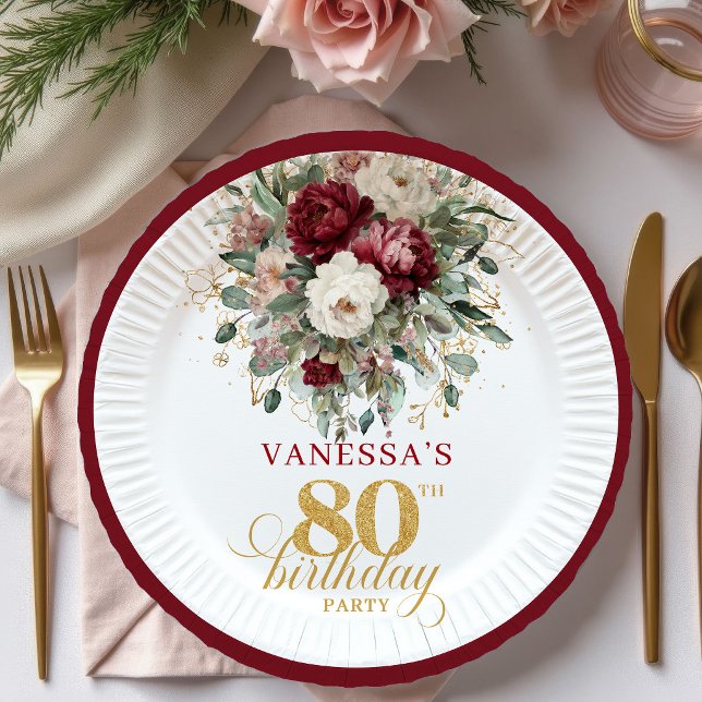 Boho Burgund Eukalyptus 80. Geburtstagspapierplatt Pappteller (Boho Burgundy Eucalyptus 80th Birthday Paper Plates)