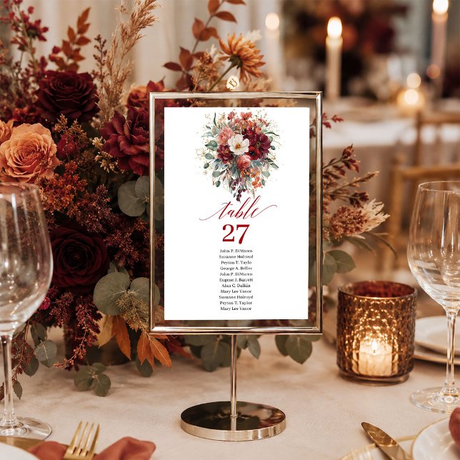Boho Burgund Gold Floral Grün Tischnummer   (Boho Burgundy Gold Floral Greenery table number sign

)