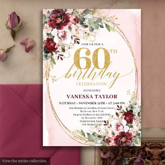 Boho-Burgund-Goldrahmen-Blumen-60. Geburtstag Einladung