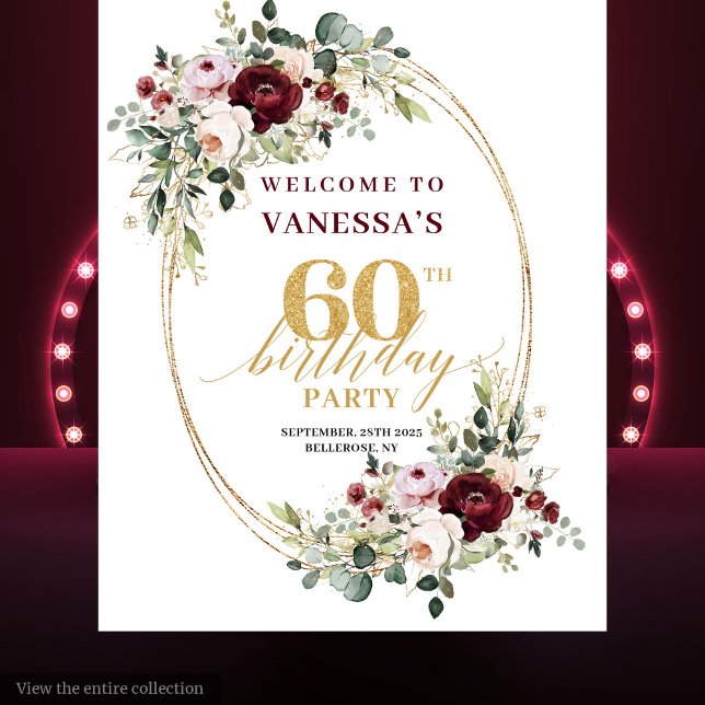 Boho-Burgund-Grün-Gold 60. Geburtstags-Hintergrund Wandteppich (Boho Burgundy Greenery Gold 60th Birthday Backdrop)