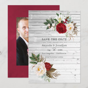 Boho Burgund - Marsala Florale Hochzeitsfotos Save The Date