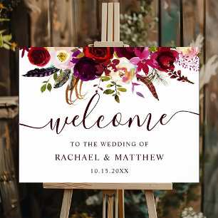 Boho Burgund-Marsala Florales Hochzeits-Willkommen Poster