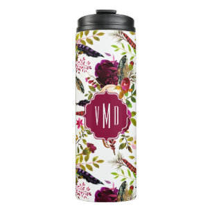 Boho Burgund Marsala Wasserfarbe Floral Monogramm Thermosbecher