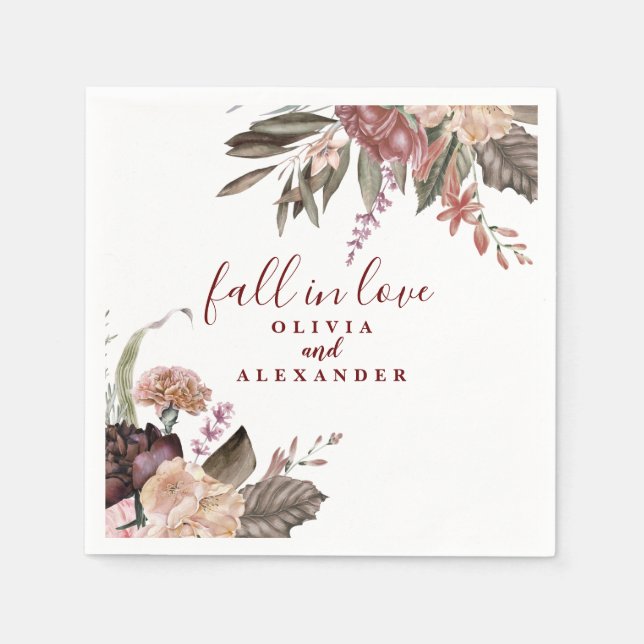 Boho Burgund Rose fallen in Liebe Blumenhochzeit Serviette (Vorderseite)