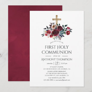 Boho-Burgund und Navy-Blumen-Erstkommunion Einladung