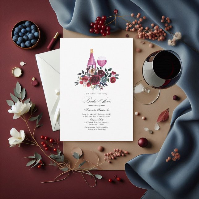 Boho Burgund und Navy Brautparty Weinprobe Einladung (Burgundy, Navy and Dusty Blue Bridal Shower Wine Tasting Invitation)
