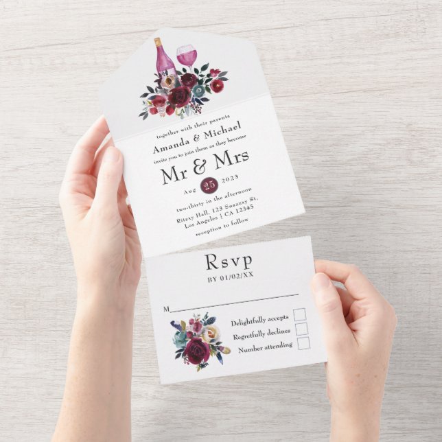 Boho Burgund und Navy Weinprobe Hochzeit All In One Einladung (Abreißen)