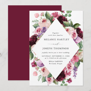 Boho-Burgund- und Rosé-Blumen- und Frucht-Hochzeit Einladung