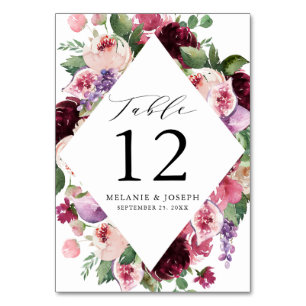 Boho-Burgund- und Rosé-Blumen- und Frucht-Hochzeit Tischnummer