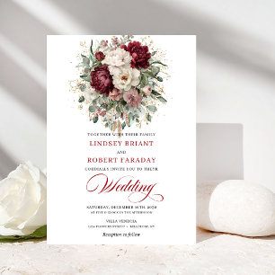 Boho-Burgund- und weiße Blumen-Hochzeitseinladung Einladung