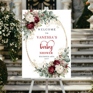 Boho Burgund Weinblumen-Babyshower-Willkommensschi Poster