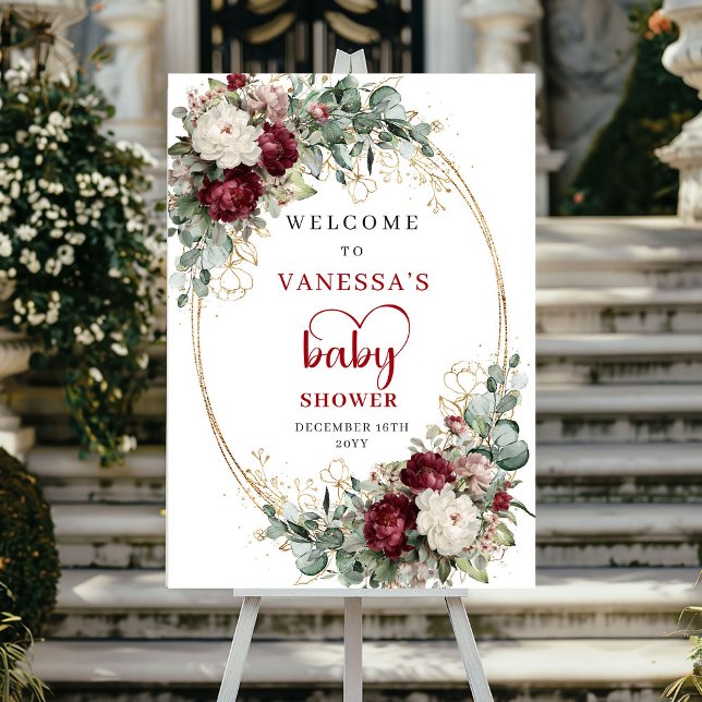 Boho Burgund Weinblumen-Babyshower-Willkommensschi Poster (Boho Burgundy Floral Baby Shower Welcome)