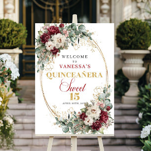 Boho Burgund Weinrote Blumen Gold Quinceanera Will Poster