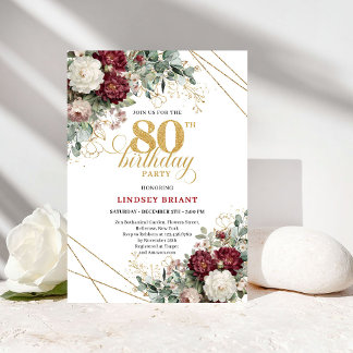 Boho-Burgunder-Blumen-Einladung zum 80. Geburtstag Einladung