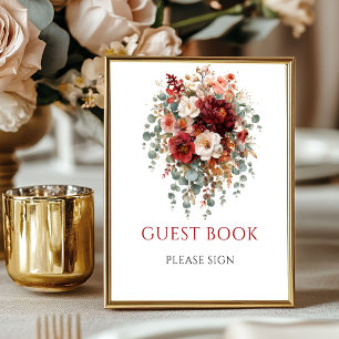 Boho-Burgunder-Blumen-Gästebuch 8x10 Tischplatte Poster