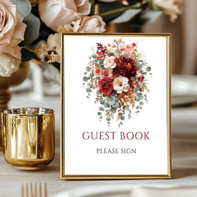 Boho-Burgunder-Blumen-Gästebuch 8x10 Tischplatte Poster (Maroon Autumn Floral Guest Book Wedding Tabletop)