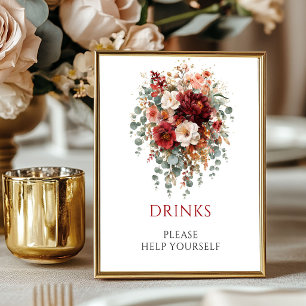 Boho-Burgunder-Blumen-Getränke-8x10-Tischschild Poster