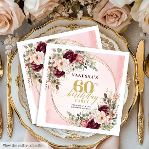 Boho-Burgunder-Blumen-Goldrahmen 60 Geburtstagsser Serviette