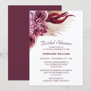 Boho-Burgunder-Blumen-Pampasgras-Braut-Shower Einladung