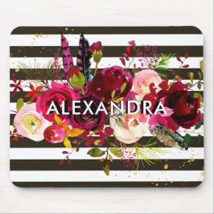 Boho Burgunder Blumen  Schwarzweiss-Streifen Mousepad