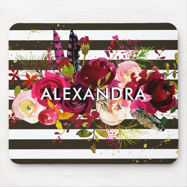 Boho Burgunder Blumen| Schwarzweiss-Streifen Mousepad (Vorne)