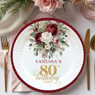 Boho Burgunder Floral Gold 80. Geburtstag Papier Pappteller