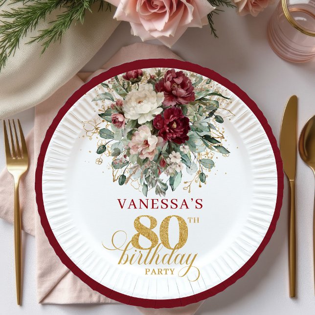 Boho Burgunder Grün 80. Geburtstag Papier Teller (Boho Burgundy Greenery 80th Birthday Paper Plates)