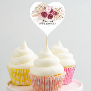 Boho-Burgunder-Pampasgras-Cupcake-Toppers Herz-Aufkleber