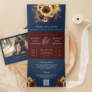 Boho-Burgunder-Rosen-Sonnenblume-Navy-QR-Code-Hoch Dreifach Gefaltete Einladung