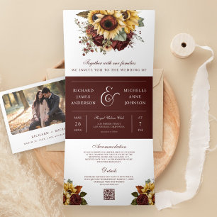 Boho Burgunder-Rosen Sonnenblumen QR-Code Hochzeit Dreifach Gefaltete Einladung