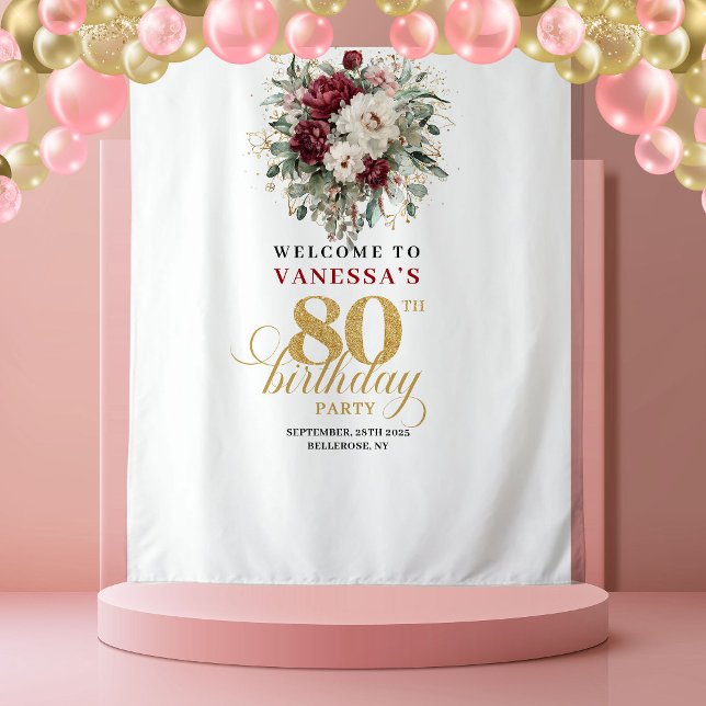 Boho Burgunder-Rouge 80. Geburtstag-Teppich Wandteppich (Boho Burgundy Blush 80th Birthday Tapestry)