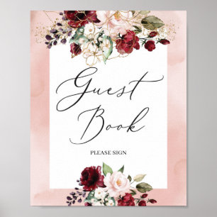 Boho-Burgunderrosa Gold Blumen-Gästebuch-Schild Poster