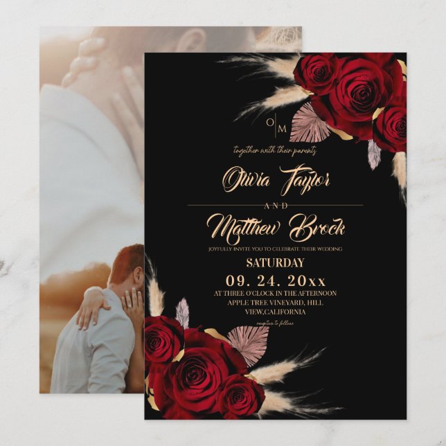Boho-Burgunderrosen-Hochzeit Einladung (Vorne/Hinten)