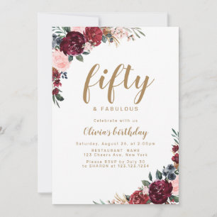 Boho burgundy Aquarellblüte 50. Geburtstag Einladung